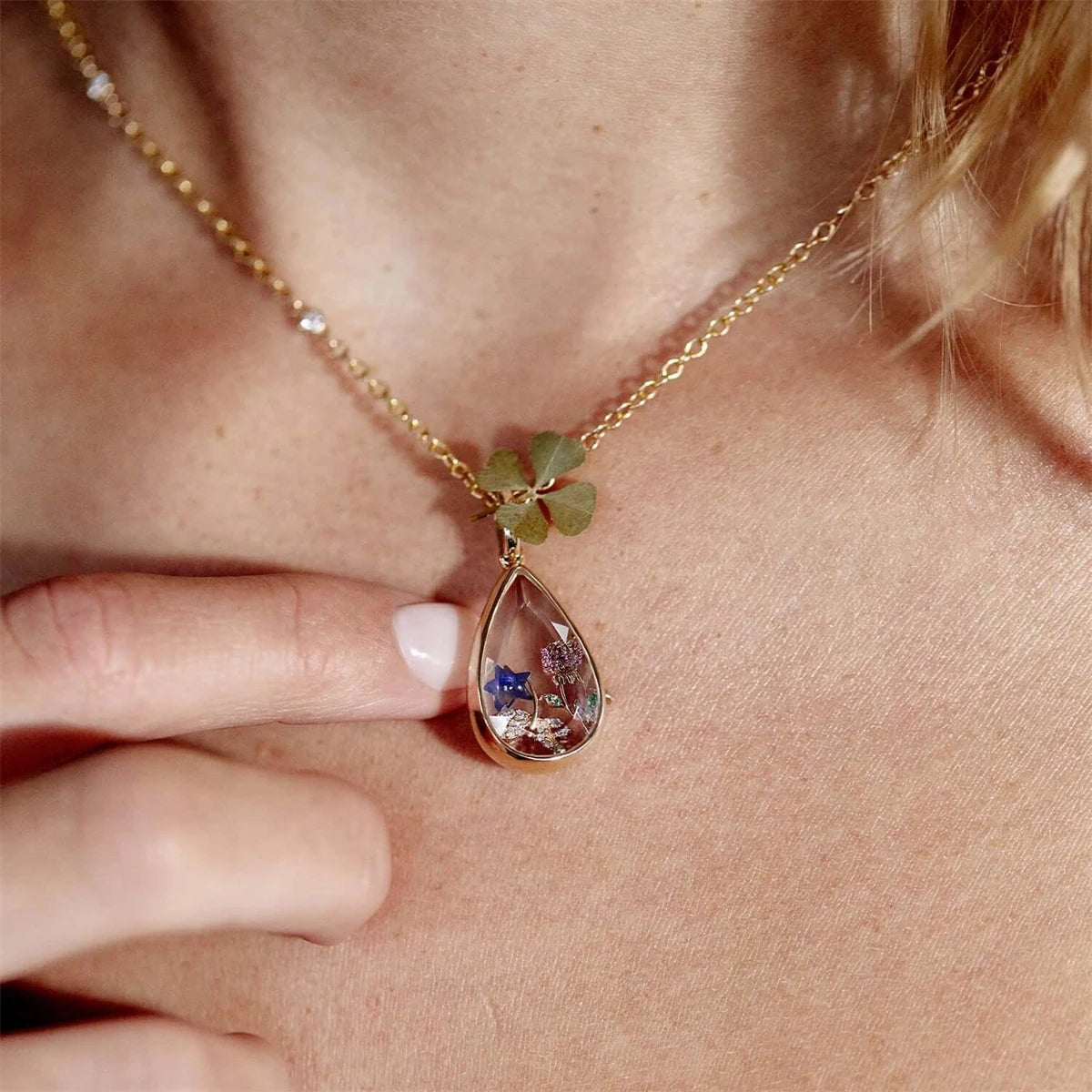Ocean Heart Adjustable Pendant, Water Drop Pendant, Cute Small Items, Collarbone Chain, Gold Plated Color Preserved Copper Open