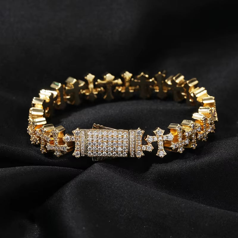 Hip Hop 5A+ Cubic Zirconia Ice Out Crosses Link Chain Bracelets for Men Bling CZ Rapper Jewelry Gold Silver Color